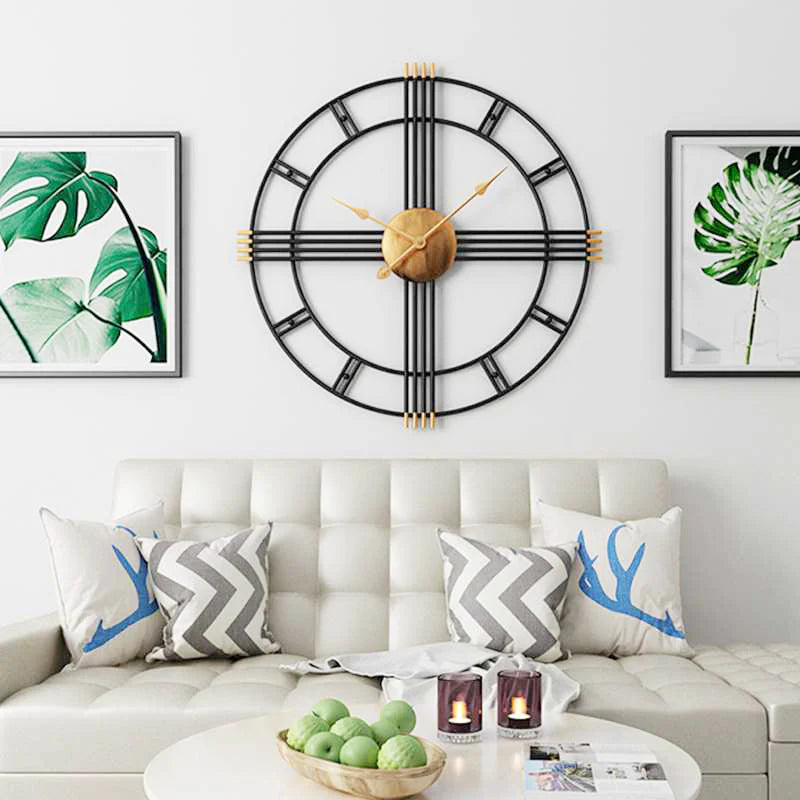 24-Inch Dia Gold & Black Wall Clock with Golden Core & Spade Hands & Roman Cross Grid