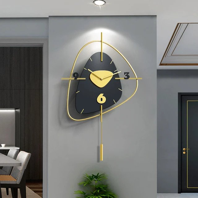Black Pebble Stone Dial Design Clock with Gold Orbit Frame & Vertical Pendulum