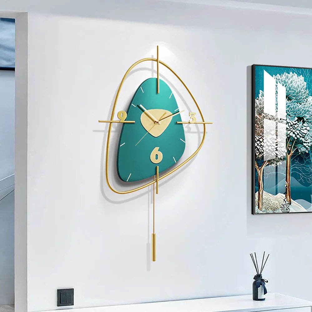 Teal Pebble Stone Dial Design Clock with Gold Orbit Frame & Vertical Pendulum
