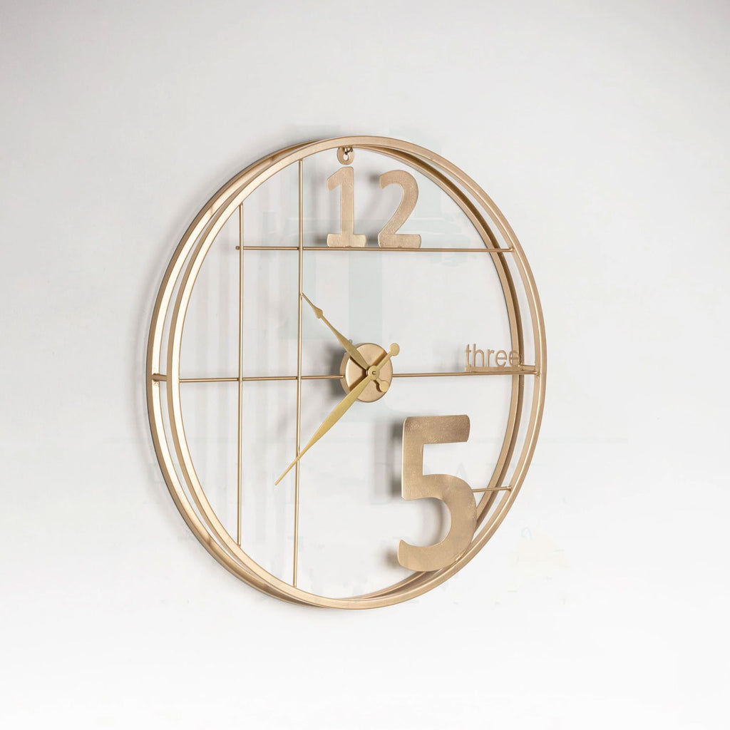 Golden Grid Frame Wall Clock Oversized 5, Cutout 12 & Textual 'Three' Numeral