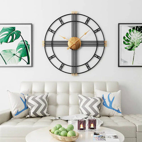 24-Inch Dia Gold & Black Wall Clock with Golden Core & Spade Hands & Roman Cross Grid