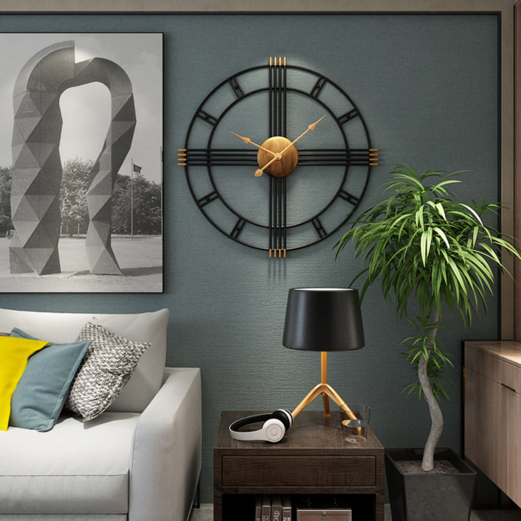 24-Inch Dia Gold & Black Wall Clock with Golden Core & Spade Hands & Roman Cross Grid