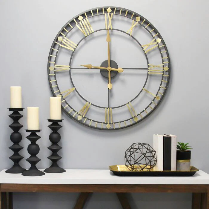 Open-Back 24-Inch Wall Clock – Black & Gold with Sleek Roman Numerals