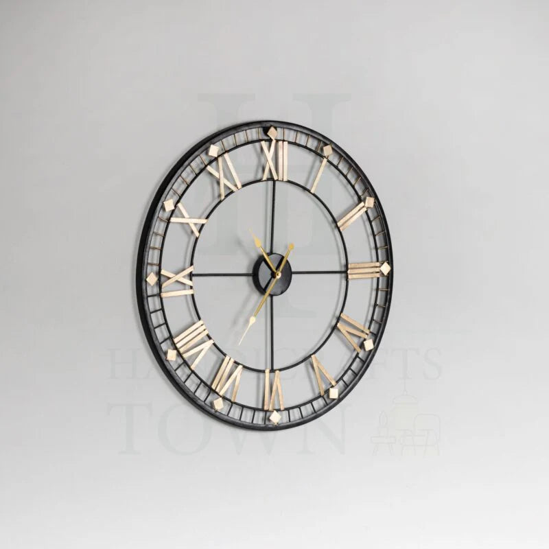 Open-Back 24-Inch Wall Clock – Black & Gold with Sleek Roman Numerals