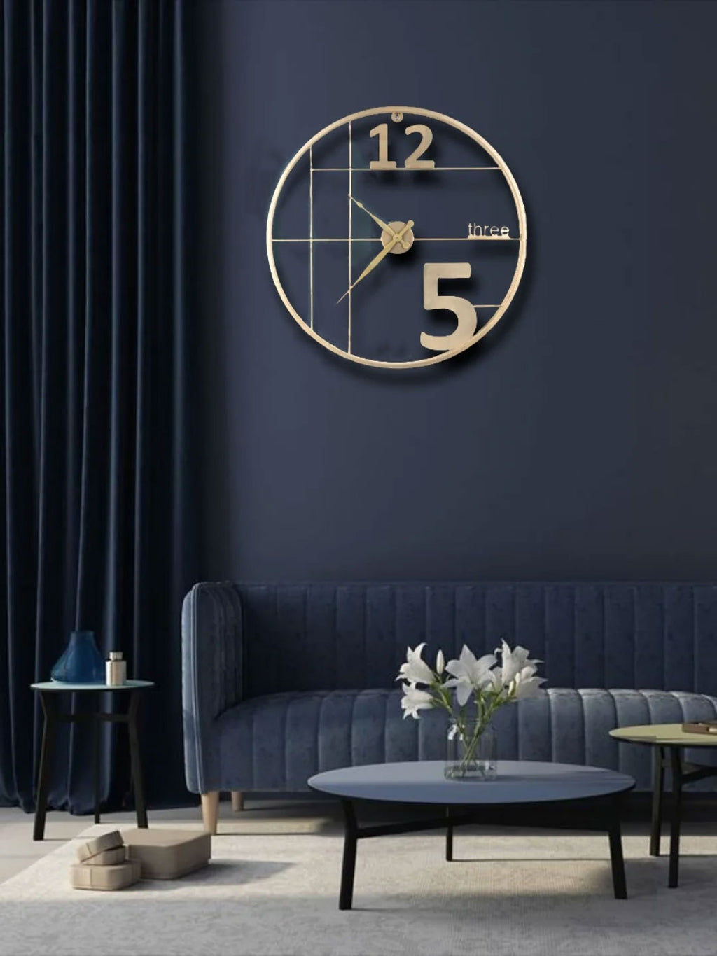 Golden Grid Frame Wall Clock Oversized 5, Cutout 12 & Textual 'Three' Numeral