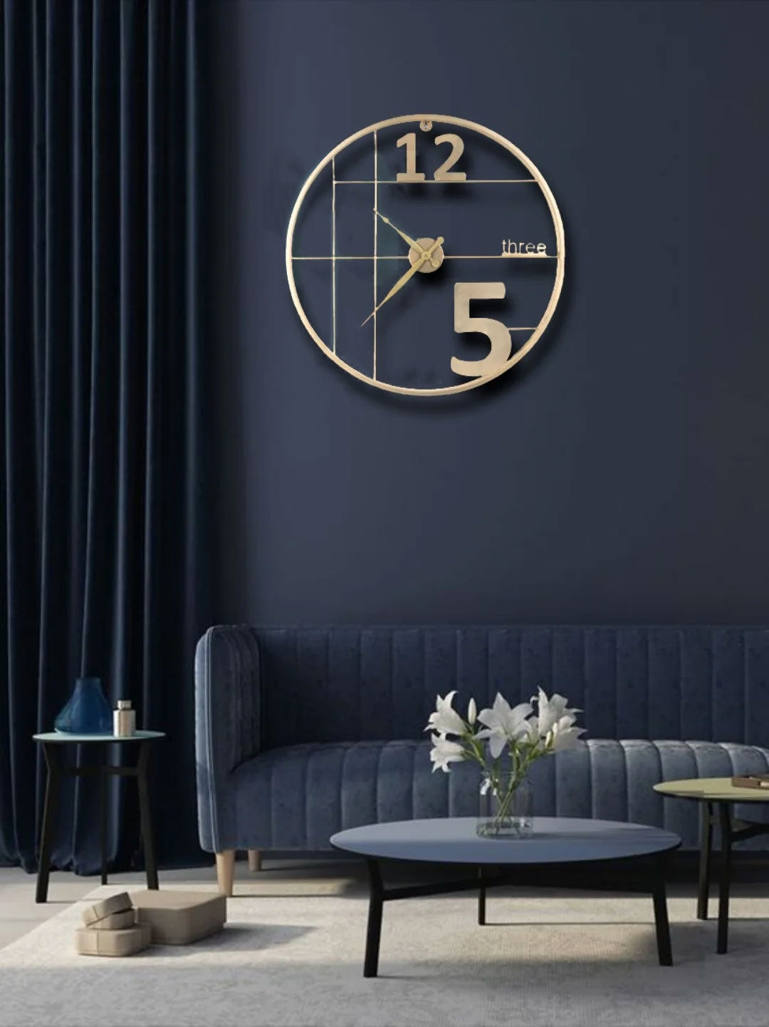 Golden Grid Frame Wall Clock Oversized 5, Cutout 12 & Textual 'Three' Numeral