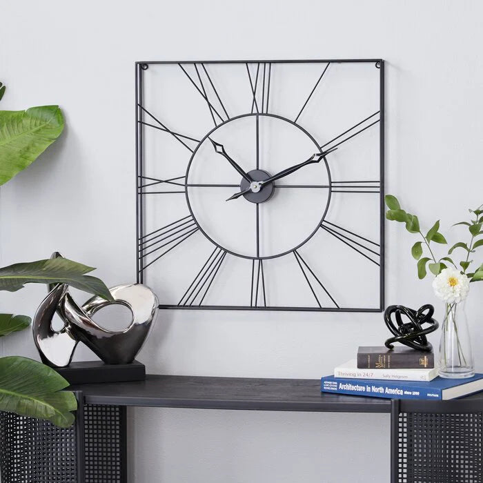 Open-Back 24-inch Square Wall Clock in Black with Roman Numerals and Spade Hands