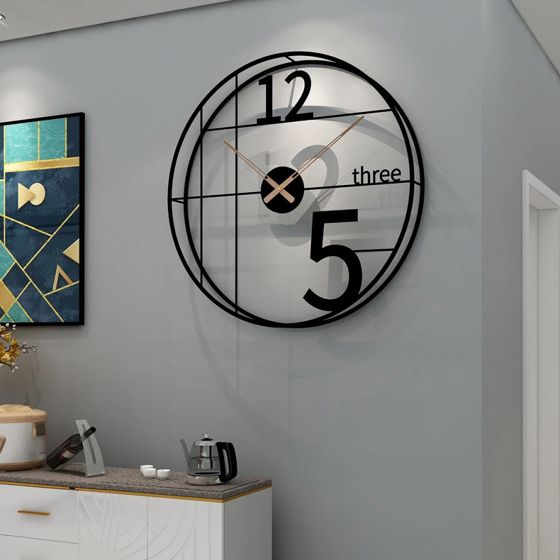 Black Grid Frame Wall Clock Oversized 5, Cutout 12 & Textual 'Three' Numeral