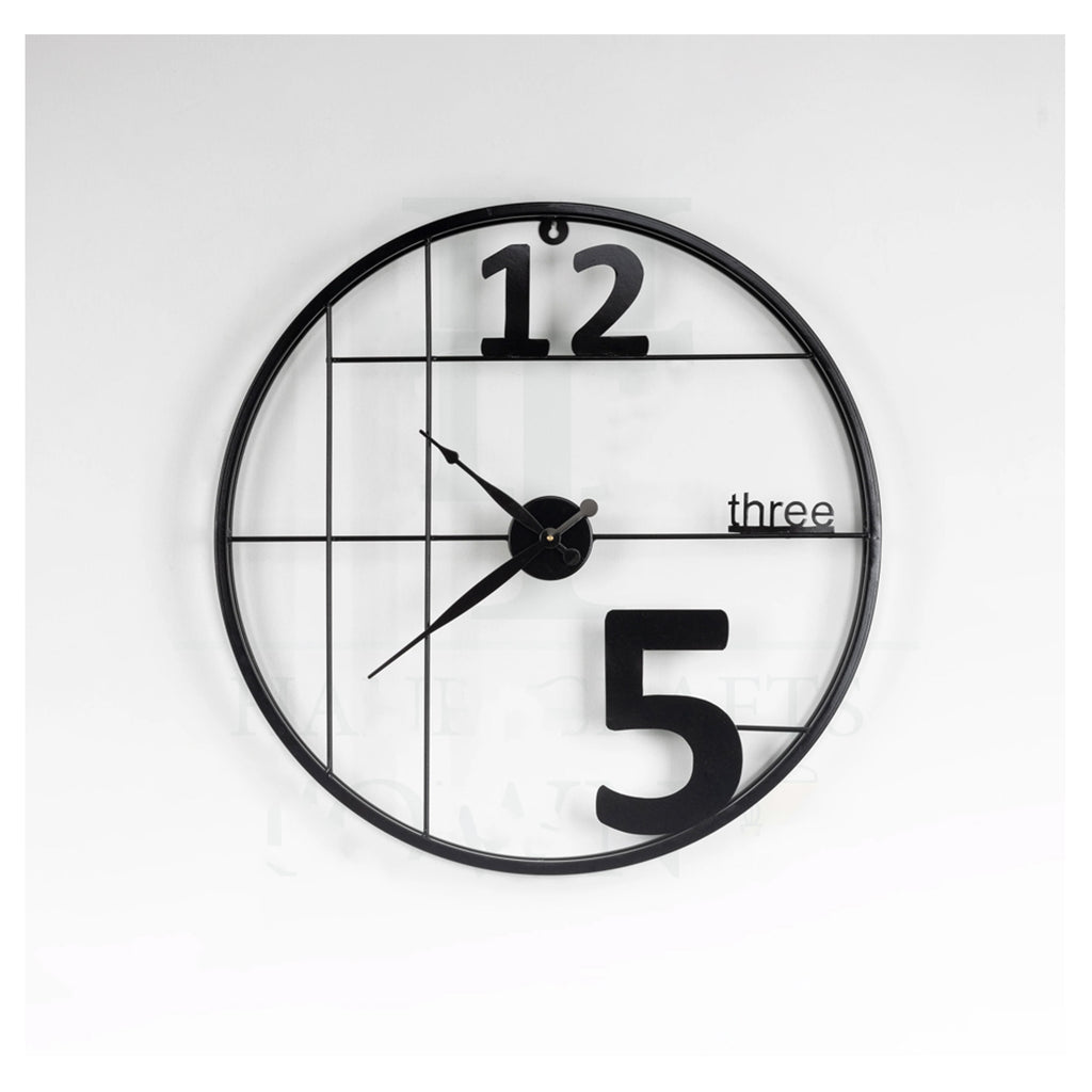 Black Grid Frame Wall Clock Oversized 5, Cutout 12 & Textual 'Three' Numeral