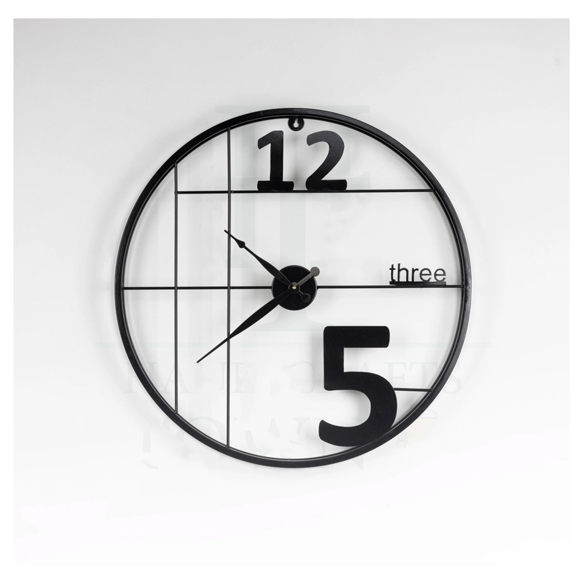 Black Grid Frame Wall Clock Oversized 5, Cutout 12 & Textual 'Three' Numeral