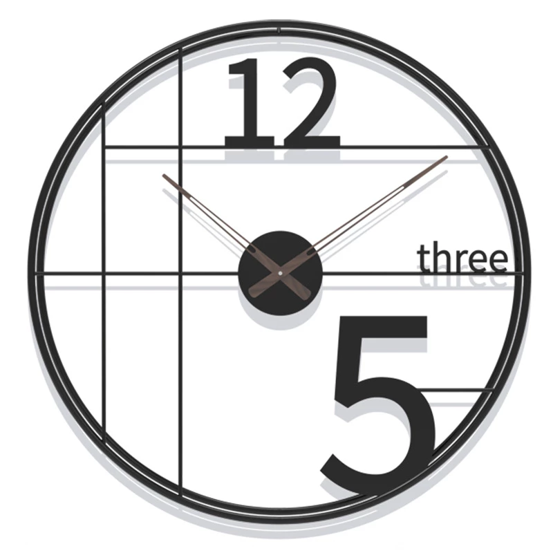 Black Grid Frame Wall Clock Oversized 5, Cutout 12 & Textual 'Three' Numeral