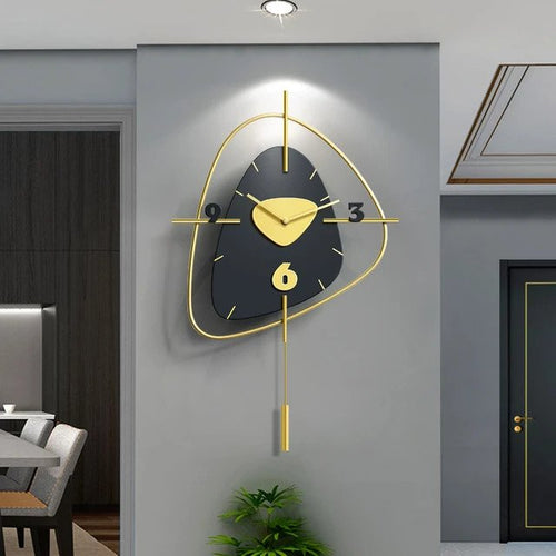 Black Pebble Stone Dial Design Clock with Gold Orbit Frame & Vertical Pendulum
