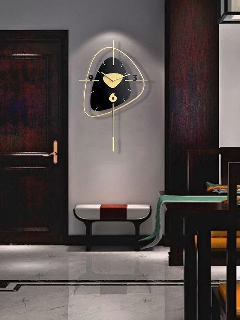 Black Pebble Stone Dial Design Clock with Gold Orbit Frame & Vertical Pendulum