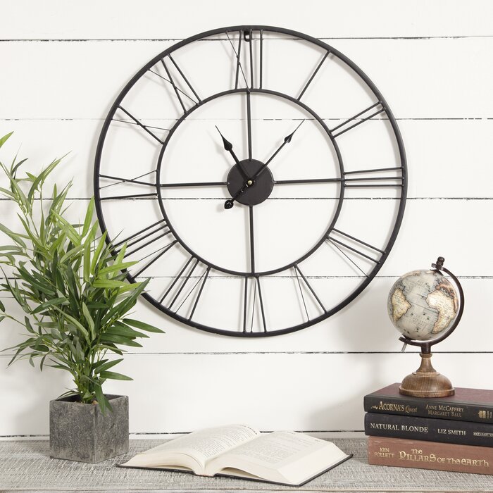 Black Skeleton Wall Clock with Roman Numerals & Double Ring Frame