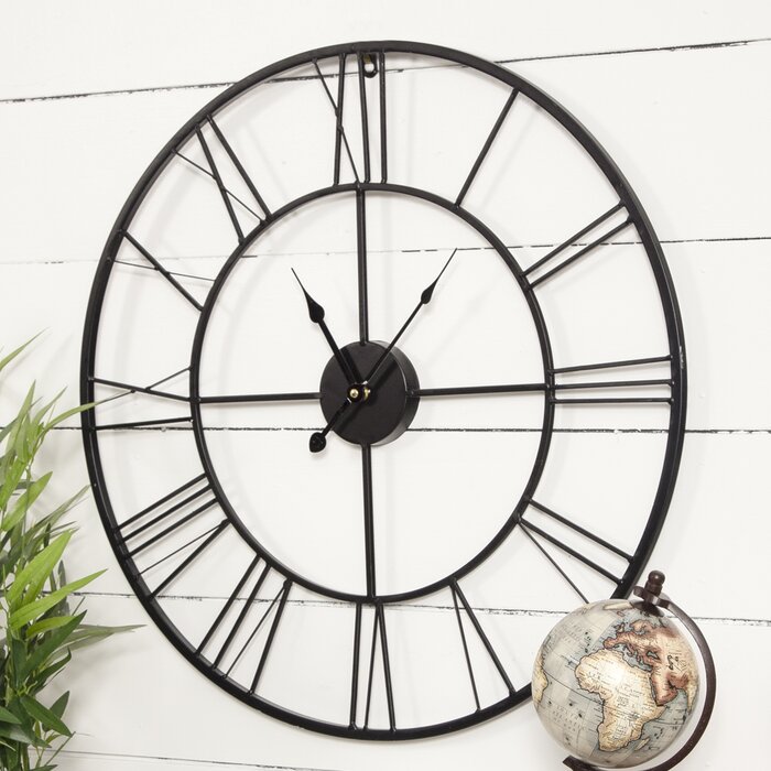 Black Skeleton Wall Clock with Roman Numerals & Double Ring Frame