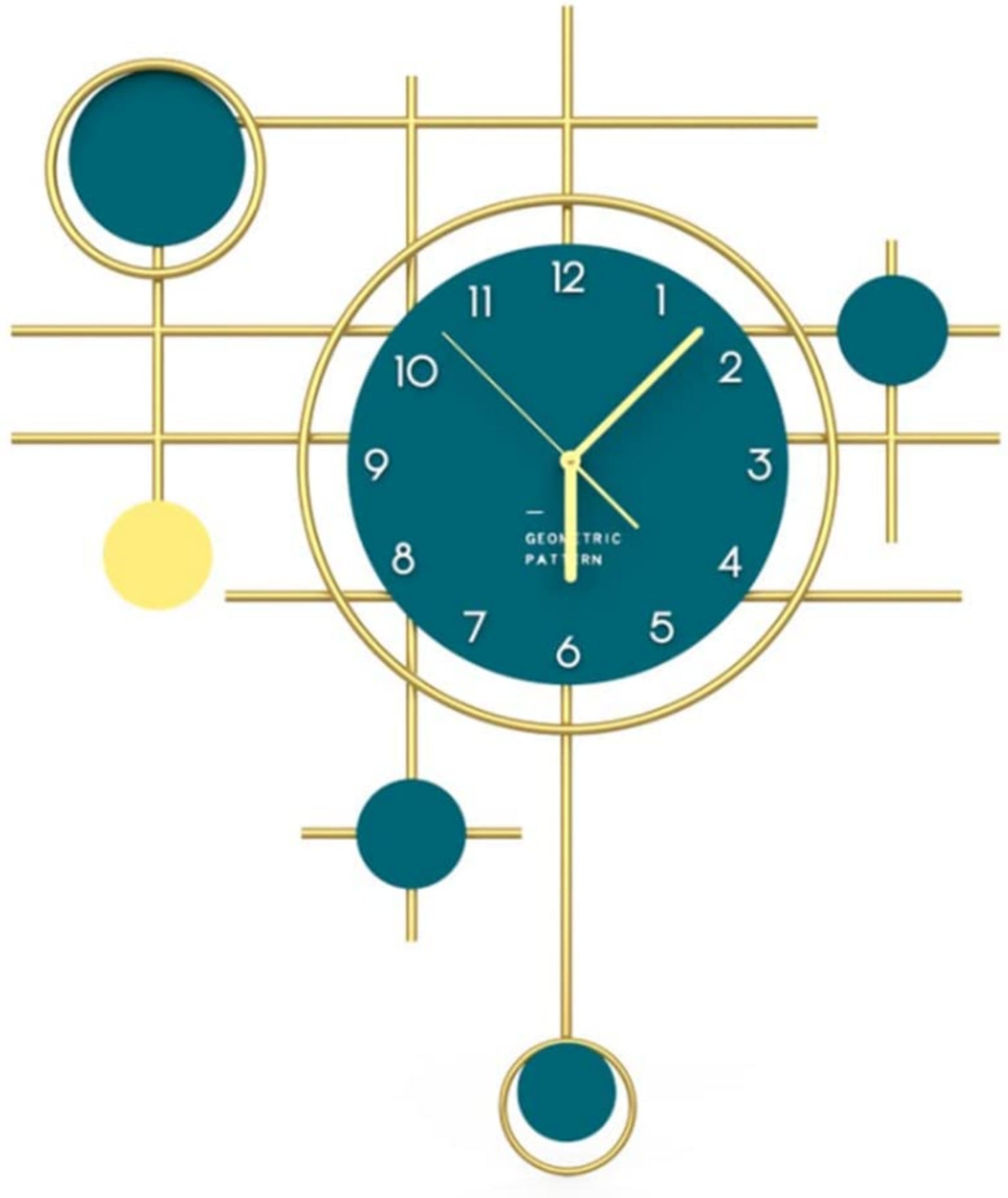Geometric Abstract Grid Frame Wall Clock in Antique Gold Finish & Blue Accents & White Numerals on Blue Dial