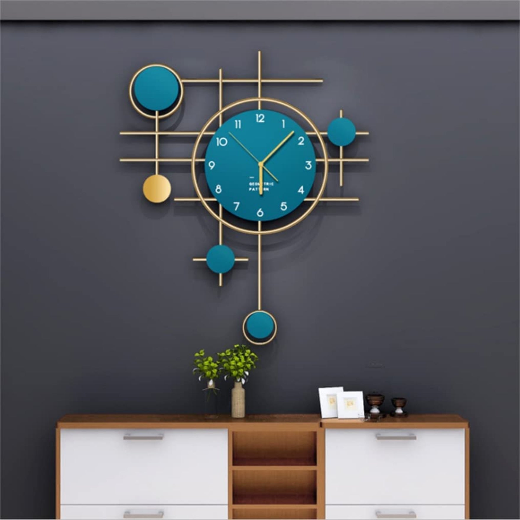 Geometric Abstract Grid Frame Wall Clock in Antique Gold Finish & Blue Accents & White Numerals on Blue Dial