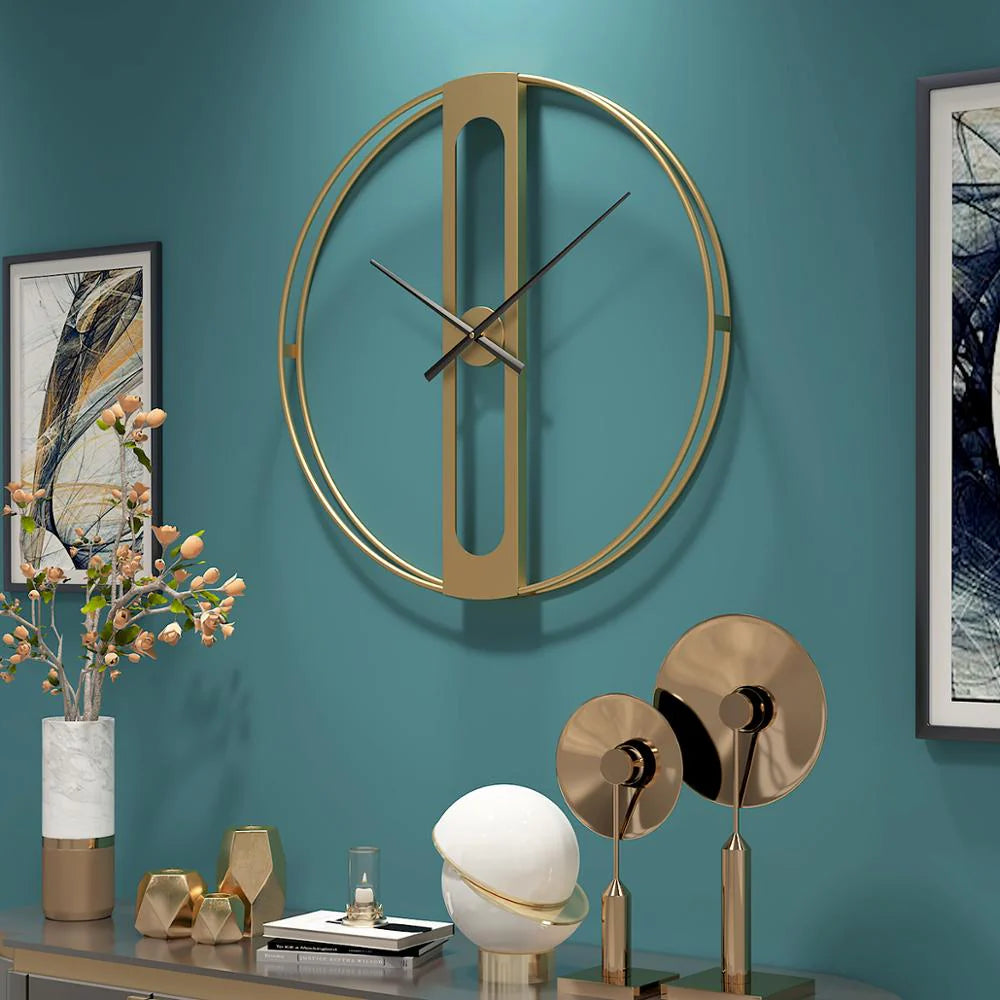 Gold Finish Open Ring Wall Clock with Vertical Pillar Dial & Hollow Center Strip