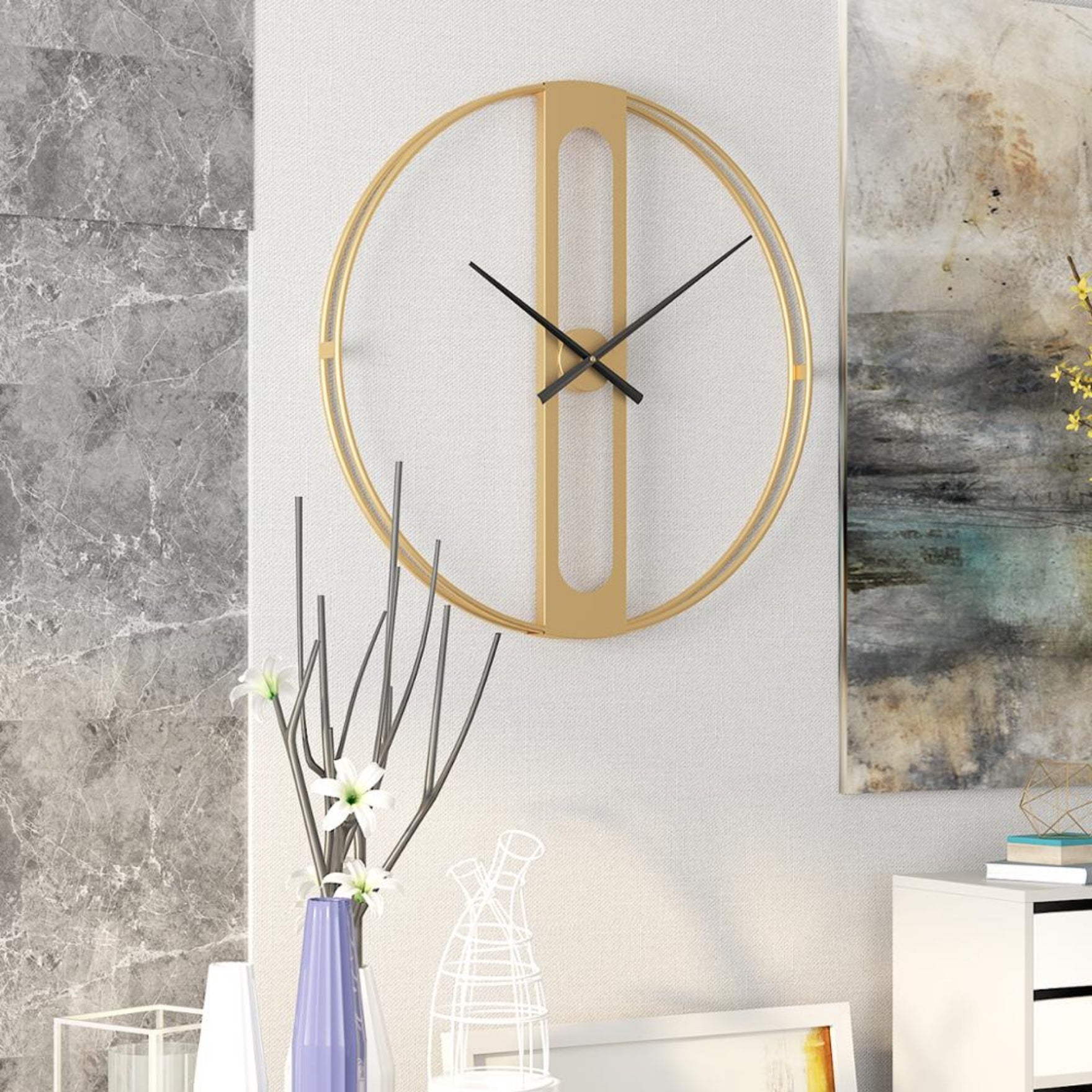 Gold Finish Open Ring Wall Clock with Vertical Pillar Dial & Hollow Center Strip