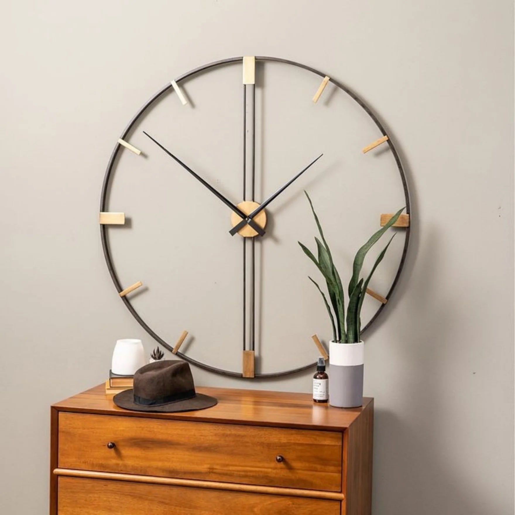 Large Minimal Wall Clock with Metal Frame and Gold Hour Markers