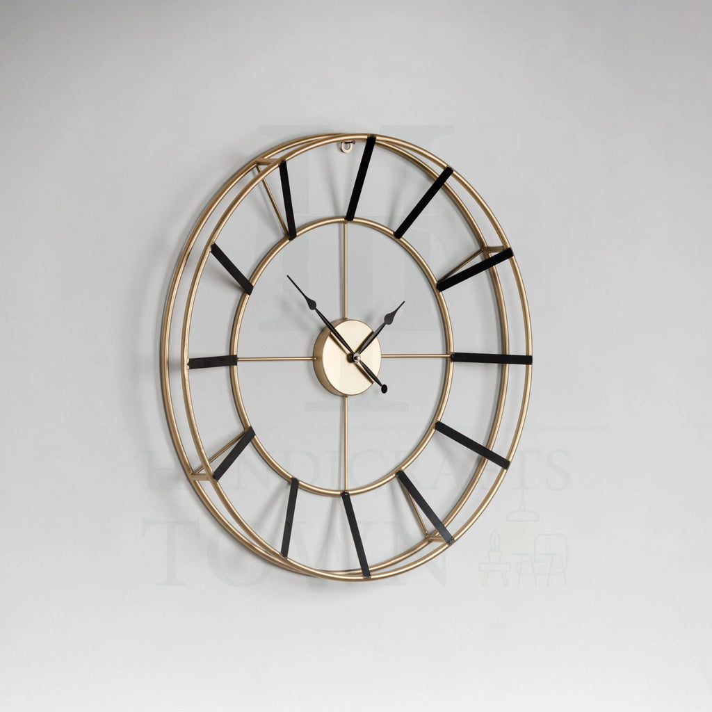 Open-Back 24-inch Dia Wall Clock in Gold Finish with Dual Ring Frame, Black Bar Hour Markers & Spade Hands