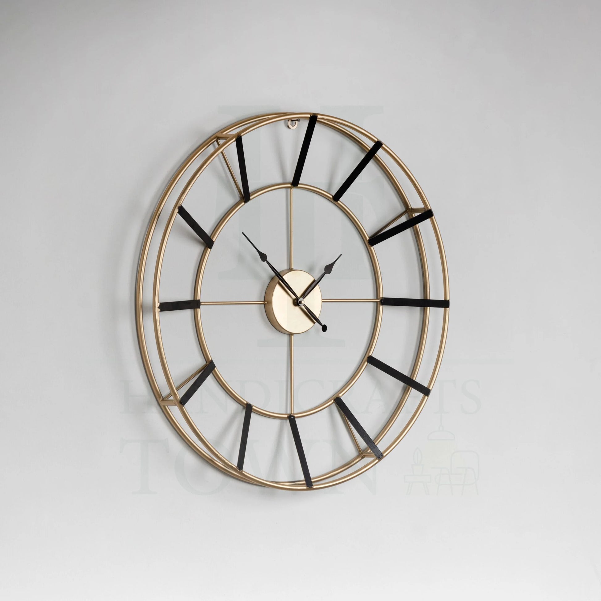 Open-Back 24-inch Dia Wall Clock in Gold Finish with Dual Ring Frame, Black Bar Hour Markers & Spade Hands