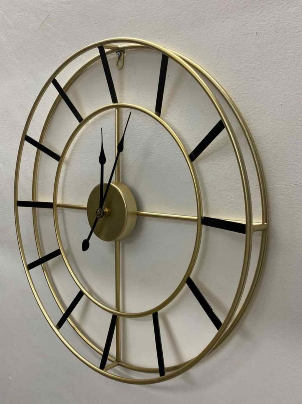 Open-Back 24-inch Dia Wall Clock in Gold Finish with Dual Ring Frame, Black Bar Hour Markers & Spade Hands