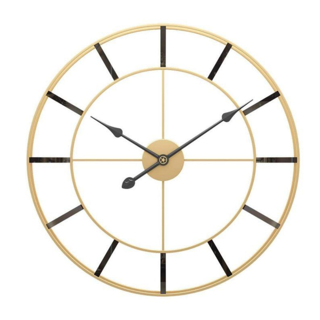 Open-Back 24-inch Dia Wall Clock in Gold Finish with Dual Ring Frame, Black Bar Hour Markers & Spade Hands
