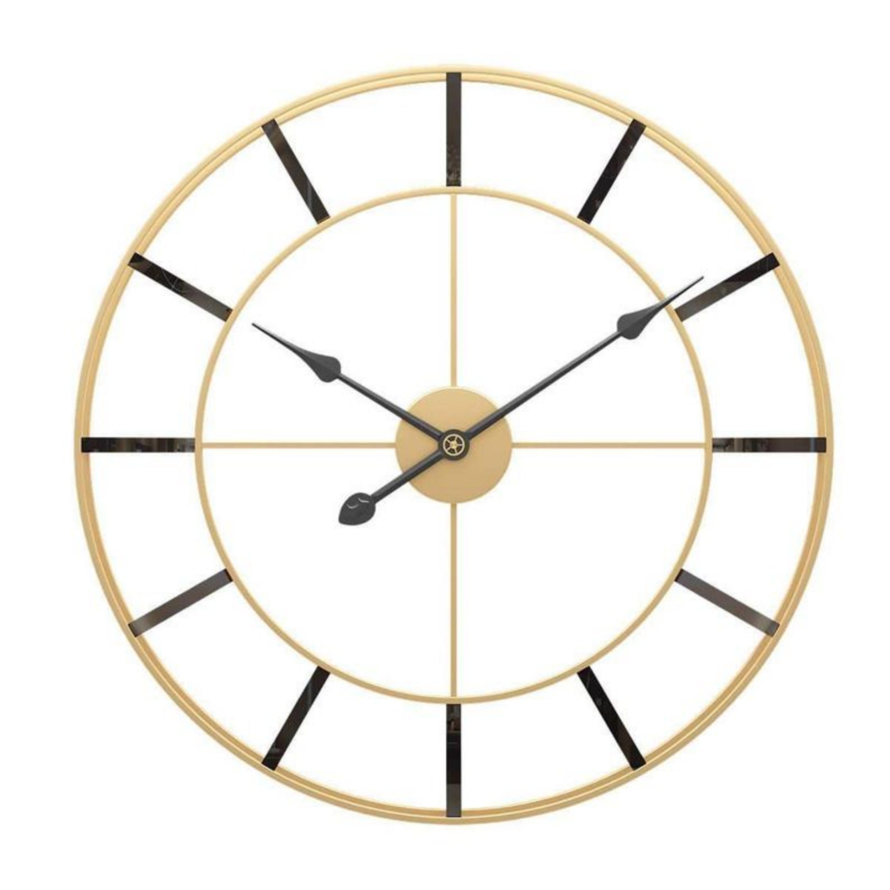 Open-Back 24-inch Dia Wall Clock in Gold Finish with Dual Ring Frame, Black Bar Hour Markers & Spade Hands