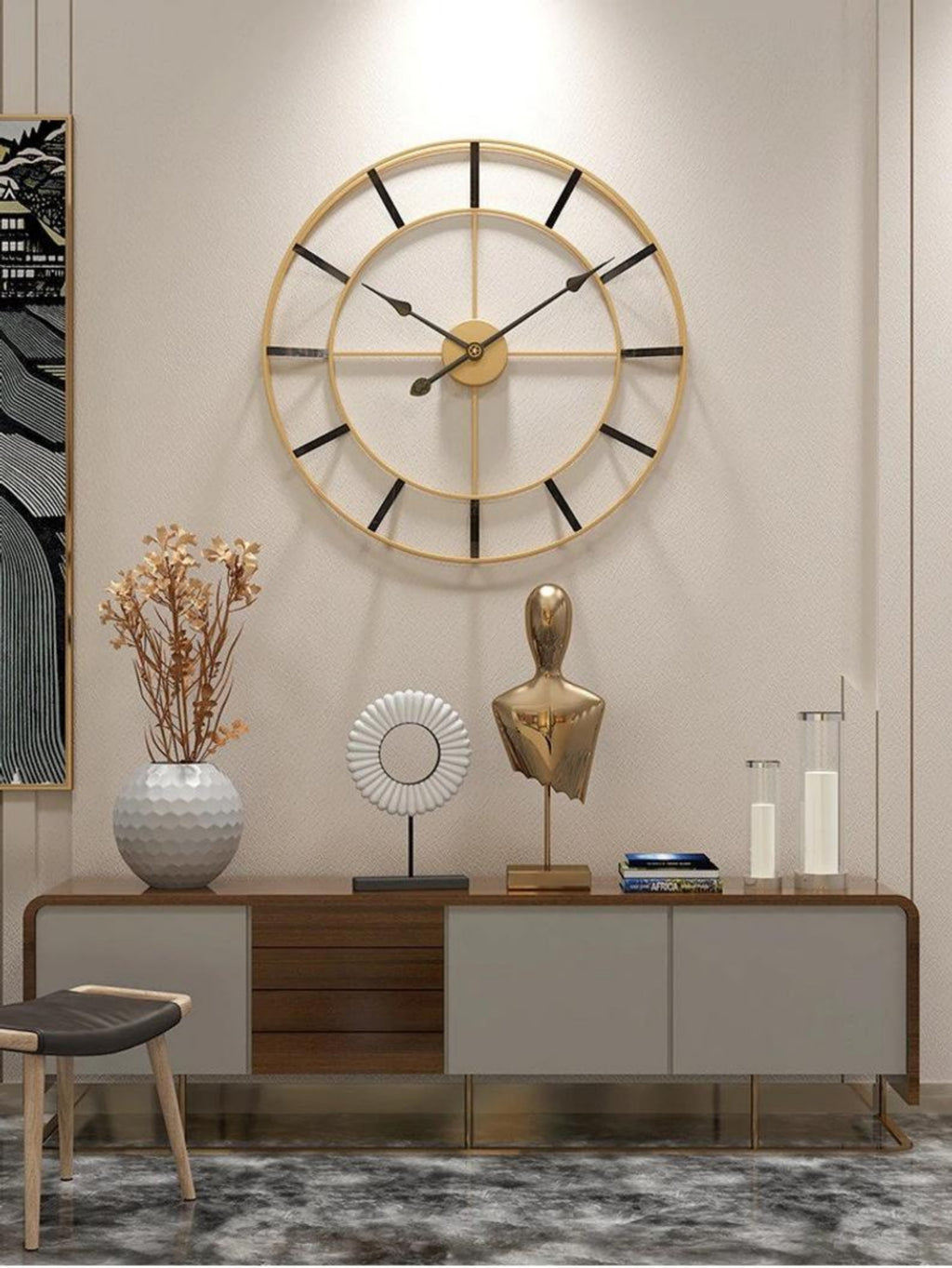 Open-Back 24-inch Dia Wall Clock in Gold Finish with Dual Ring Frame, Black Bar Hour Markers & Spade Hands