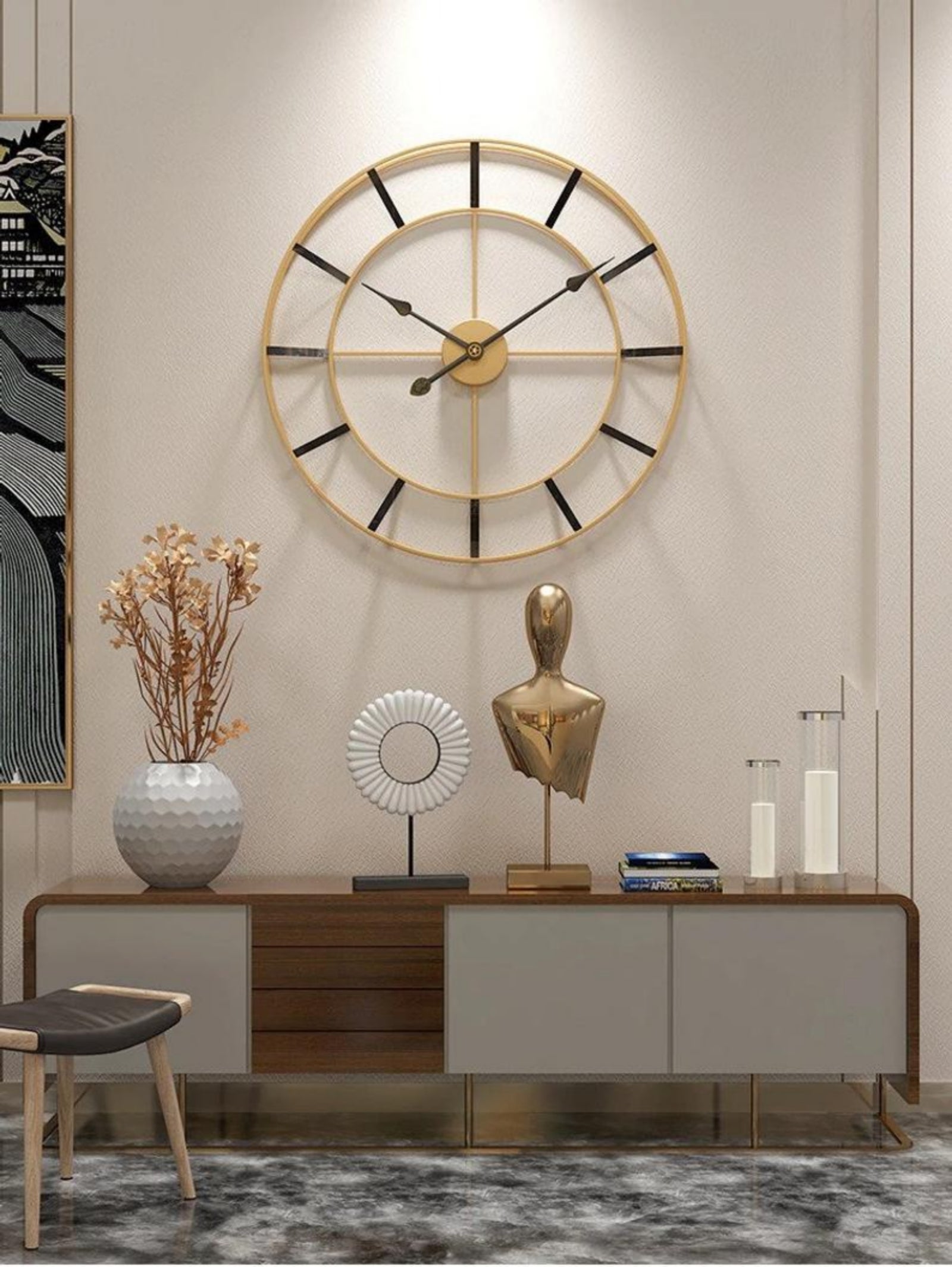 Open-Back 24-inch Dia Wall Clock in Gold Finish with Dual Ring Frame, Black Bar Hour Markers & Spade Hands