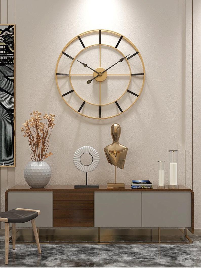 Open-Back 24-inch Dia Wall Clock in Gold Finish with Dual Ring Frame, Black Bar Hour Markers & Spade Hands