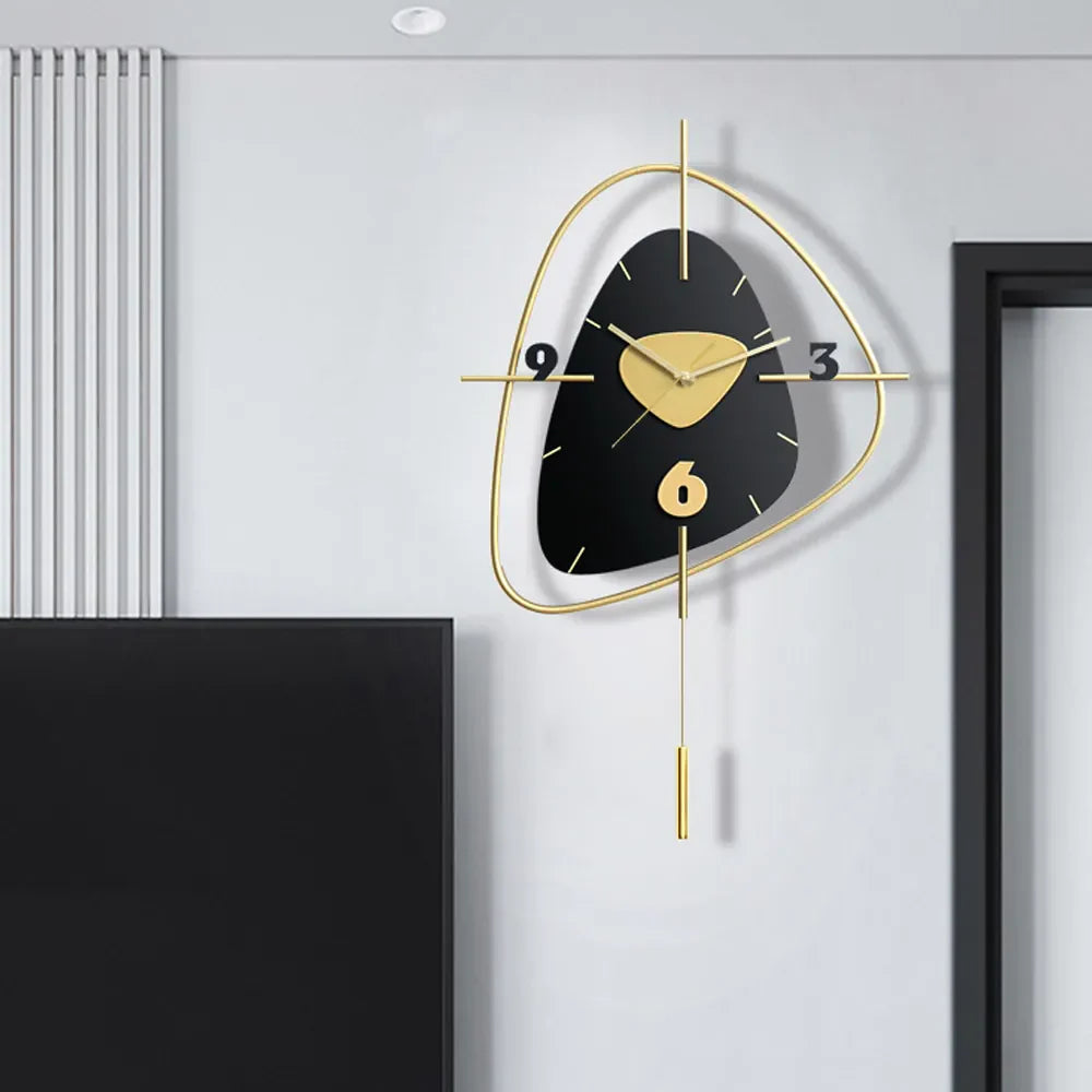 Black Pebble Stone Dial Design Clock with Gold Orbit Frame & Vertical Pendulum