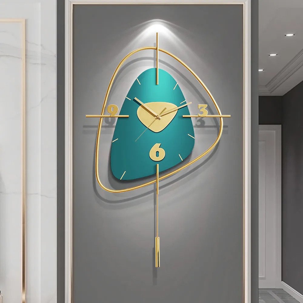 Teal Pebble Stone Dial Design Clock with Gold Orbit Frame & Vertical Pendulum