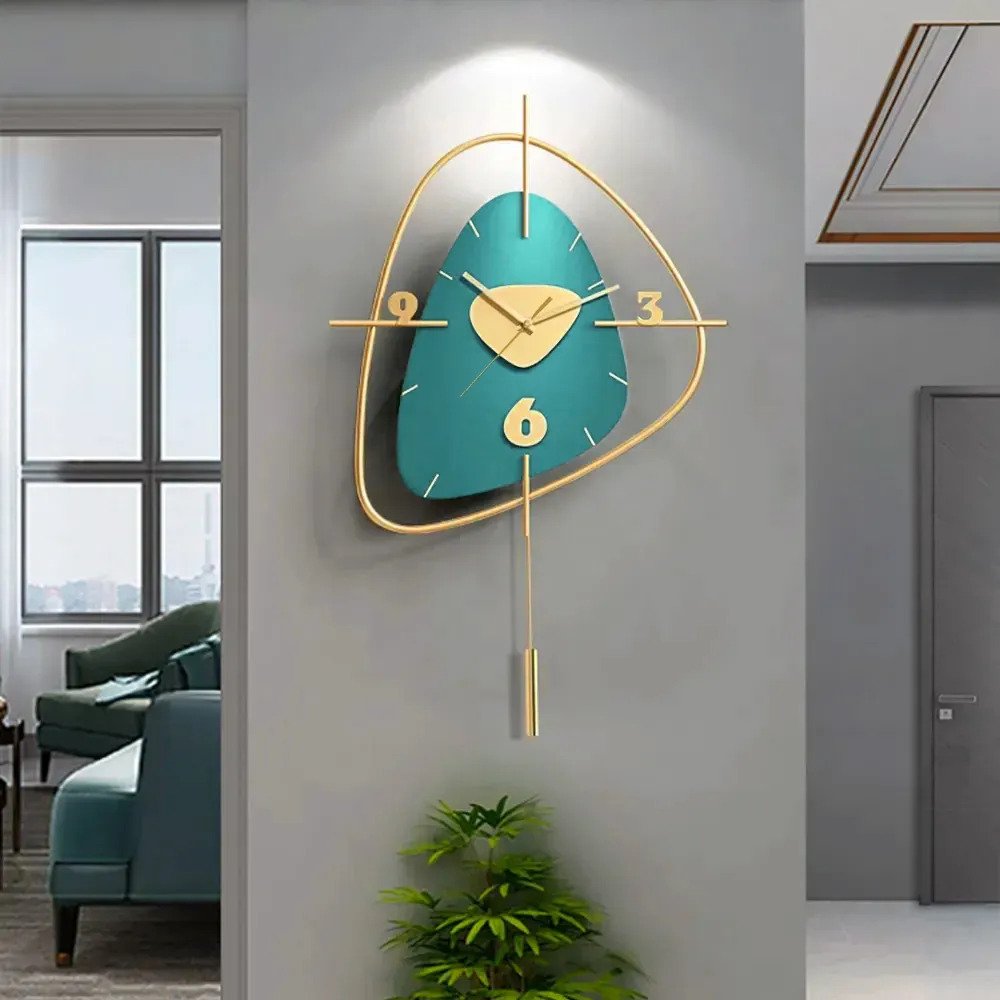 Teal Pebble Stone Dial Design Clock with Gold Orbit Frame & Vertical Pendulum