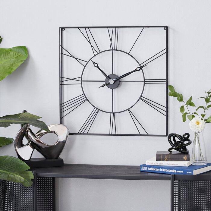 Open-Back 24-inch Square Wall Clock in Black with Roman Numerals and Spade Hands