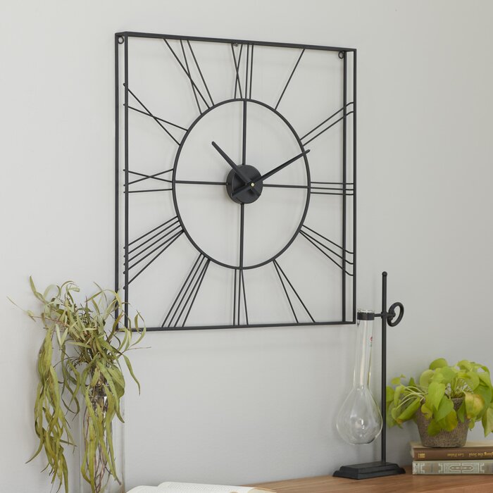 Open-Back 24-inch Square Wall Clock in Black with Roman Numerals and Spade Hands